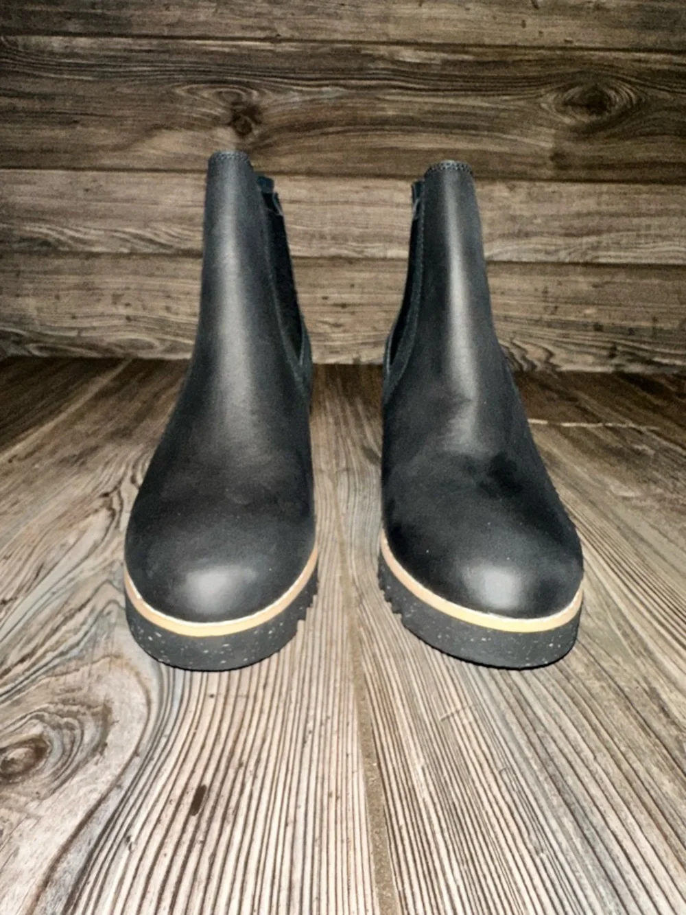 New Toms Maddie Black Wedge Boot - Women Pull On Leather 3 1/4” Heel Size 6.5